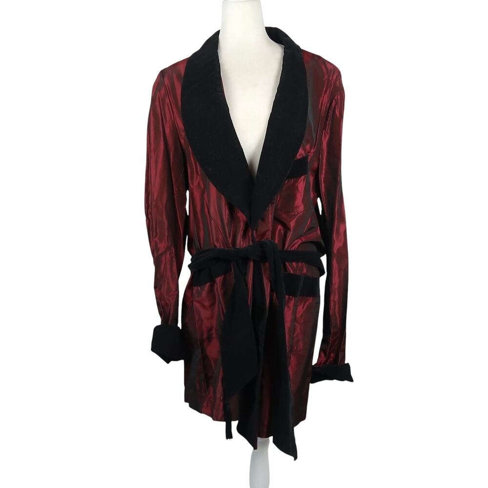 Vintage 70s Burgundy Taffeta Black Velvet Trim Smoking Jacket Robe Mens